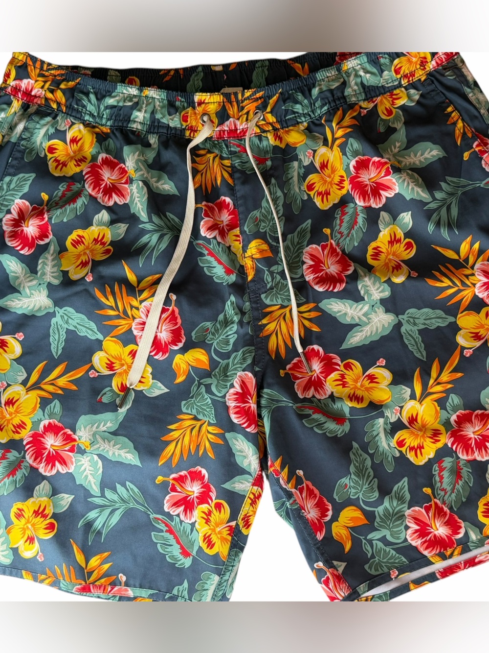 Fair Harbor Navy Floral Swim Shorts with Yellow & Red Hibiscus ladies size Large